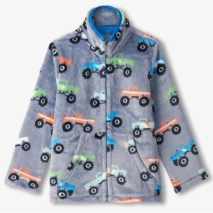 NWT Hatley Monster Trucks Fuzzy Fleece Zip Up Jacket Sweatshirt Gray Boys Sz 8
